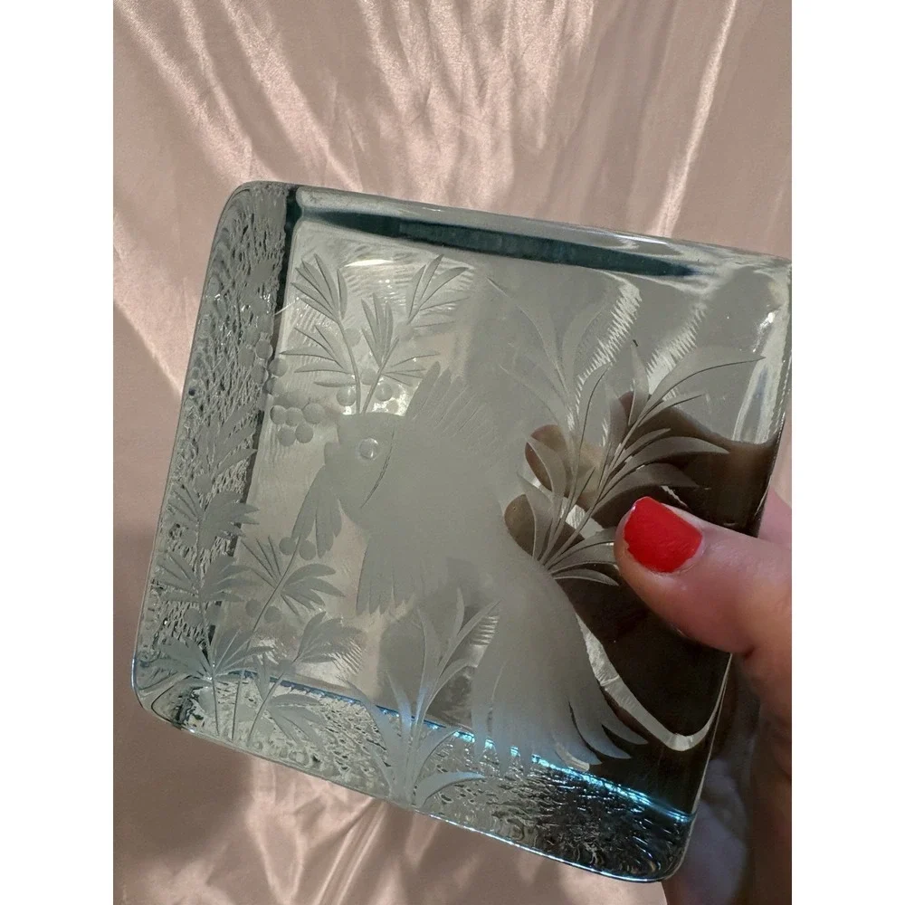 Etched Fish Paperweight Green Ice Block Signed Unique Carved Design